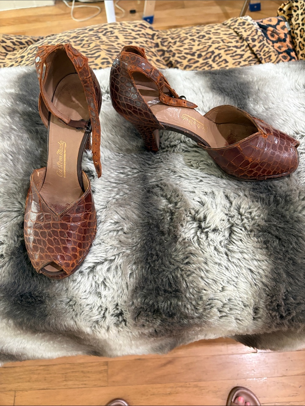 Brown Croc-Embossed Peep-Toe Ankle-Strap Heels